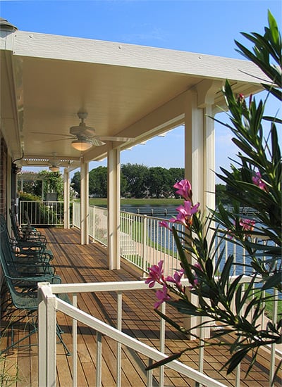 An insulated patio by a lake