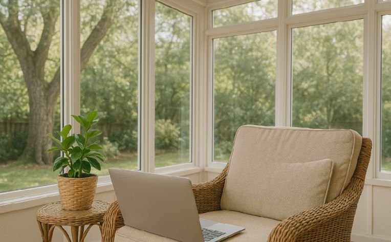 A wicker chair with a laptop resting on it next to a wicker table with a plant inside of a sunroom. 