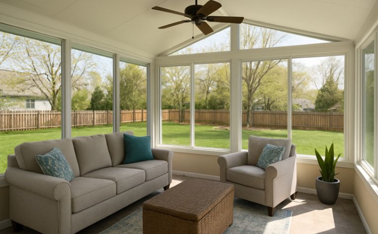 : A sunroom composed of high-quality materials with a couch and matching chair and a wicker coffee table with storage.