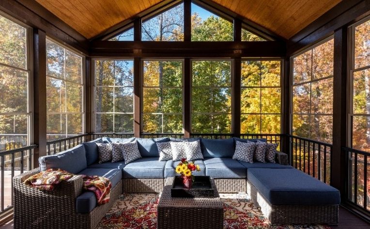 Sunroom with grey sofa set and a centre table