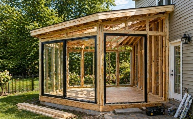 Sunroom addition under construction with exposed wood framing, large glass panels, and an unfinished interior.