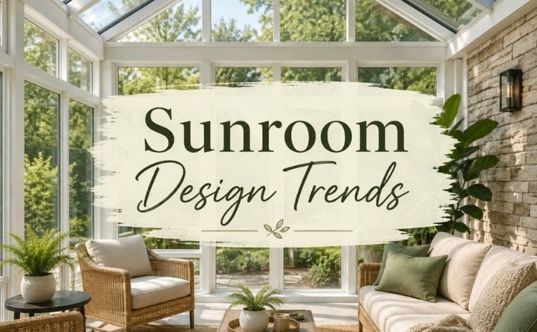 A sunroom with the title ‘Sunroom Design Trends’ written on the top.