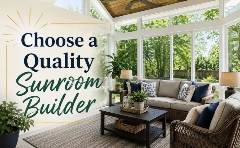 A sunroom with ‘ Choose a Quality Sunroom Builder’ written on the top.
