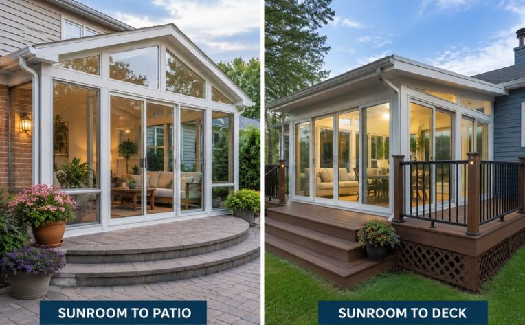 Side-by-side collage showing two modern glass sunrooms attached to homes, with the left image featuring a sunroom connected to a stone patio and the right image featuring a sunroom connected to a raised wooden deck.