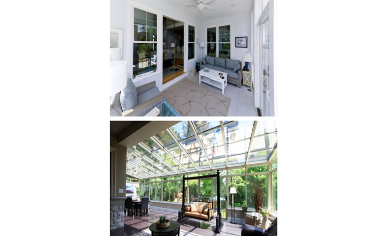 A stacked collage showing the interior of a patio room on top and the interior of a sunroom on the bottom. 