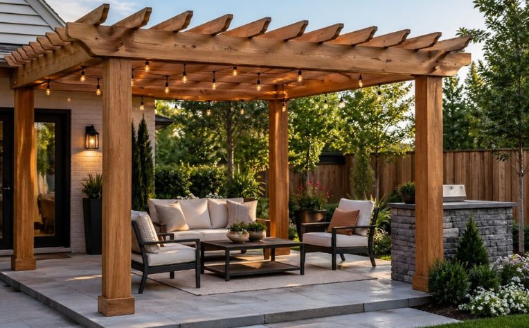 An outdoor addition with lights hanging and a beige sofa