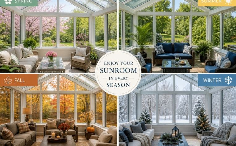 A collage of a sunroom showing how it can enjoyed in spring, summer, fall and winter. 