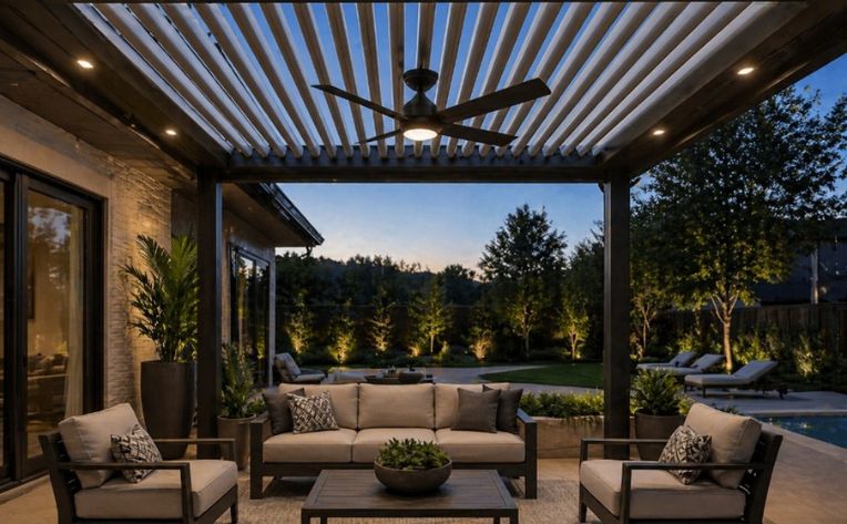 A louvered roof pergola with a ceiling fan and seating around a center table