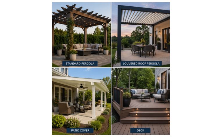 Collage of four outdoor structures: A standard pergola, a louvered roof pergola, a patio cover, and a deck, with each one labeled. 
