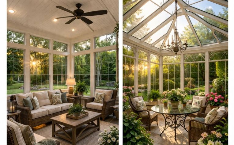 Collage of a sunroom and a conservatory 
