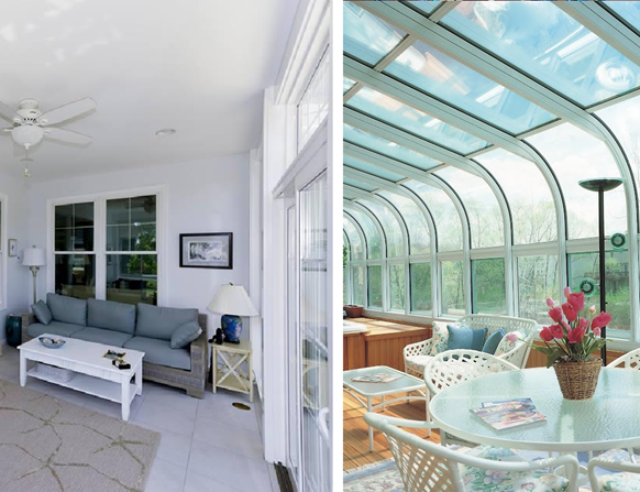 A collage of side-by-side images showing the interior of a patio room with living room furniture on the left and the interior of a sunroom with a curved roof and patio dining room table and chairs and a patio loveseat on the right.