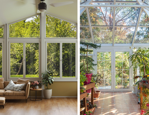 Collage showing side-by-side images of the interior of a traditional sunroom with a solid roof on the left and the interior of a solarium with a glass roof on the right. 